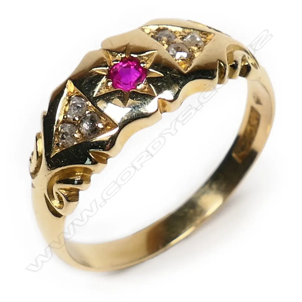 Beaver & Co (Dunedin) 18ct gold ruby and diamond ring, Image 1++